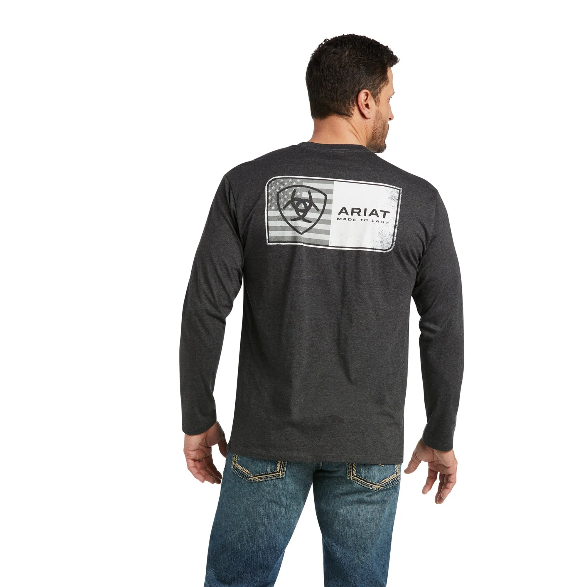 10038191 Ariat Men's Flag Grayscale LS Tee Charcoal Heather