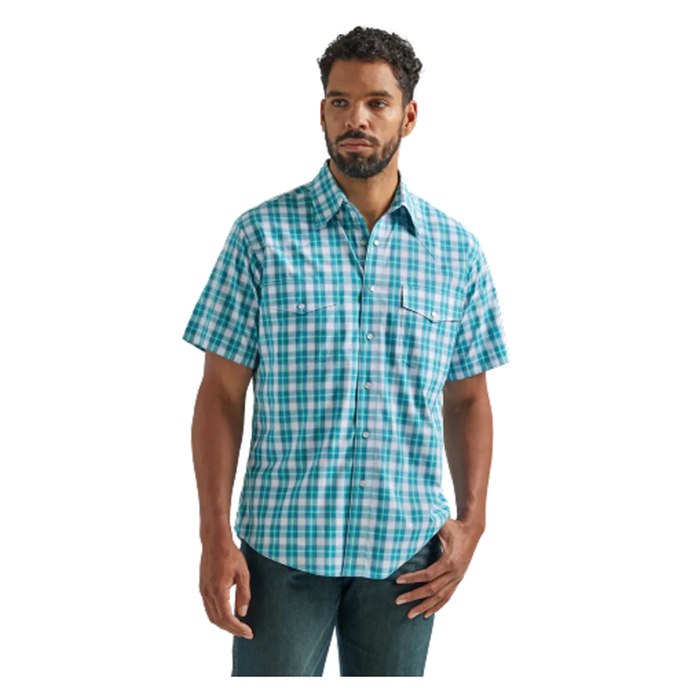 112324685 Wrangler Men's Wrinkle Resist Short Sleeve Western Snap Shirt - Turquoise Plaid