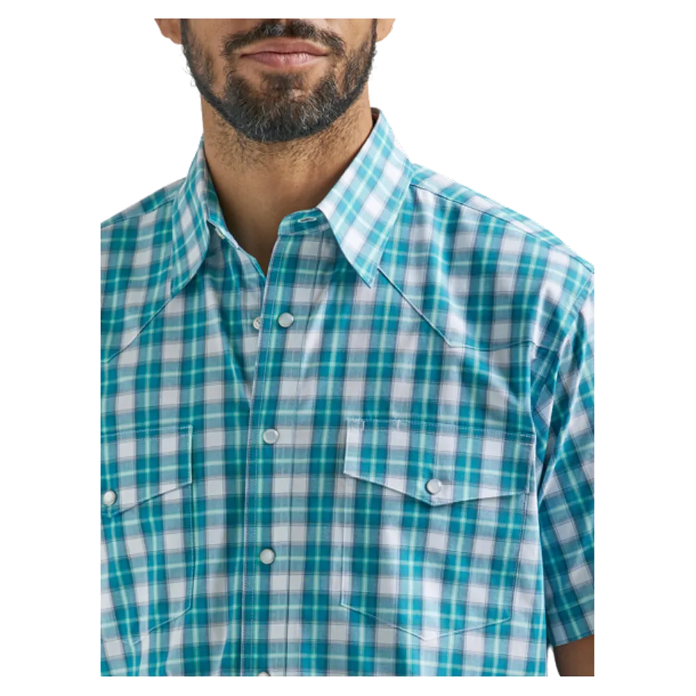 112324685 Wrangler Men's Wrinkle Resist Short Sleeve Western Snap Shirt - Turquoise Plaid