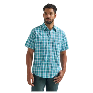 112324685 Wrangler Men's Wrinkle Resist Short Sleeve Western Snap Shirt - Turquoise Plaid
