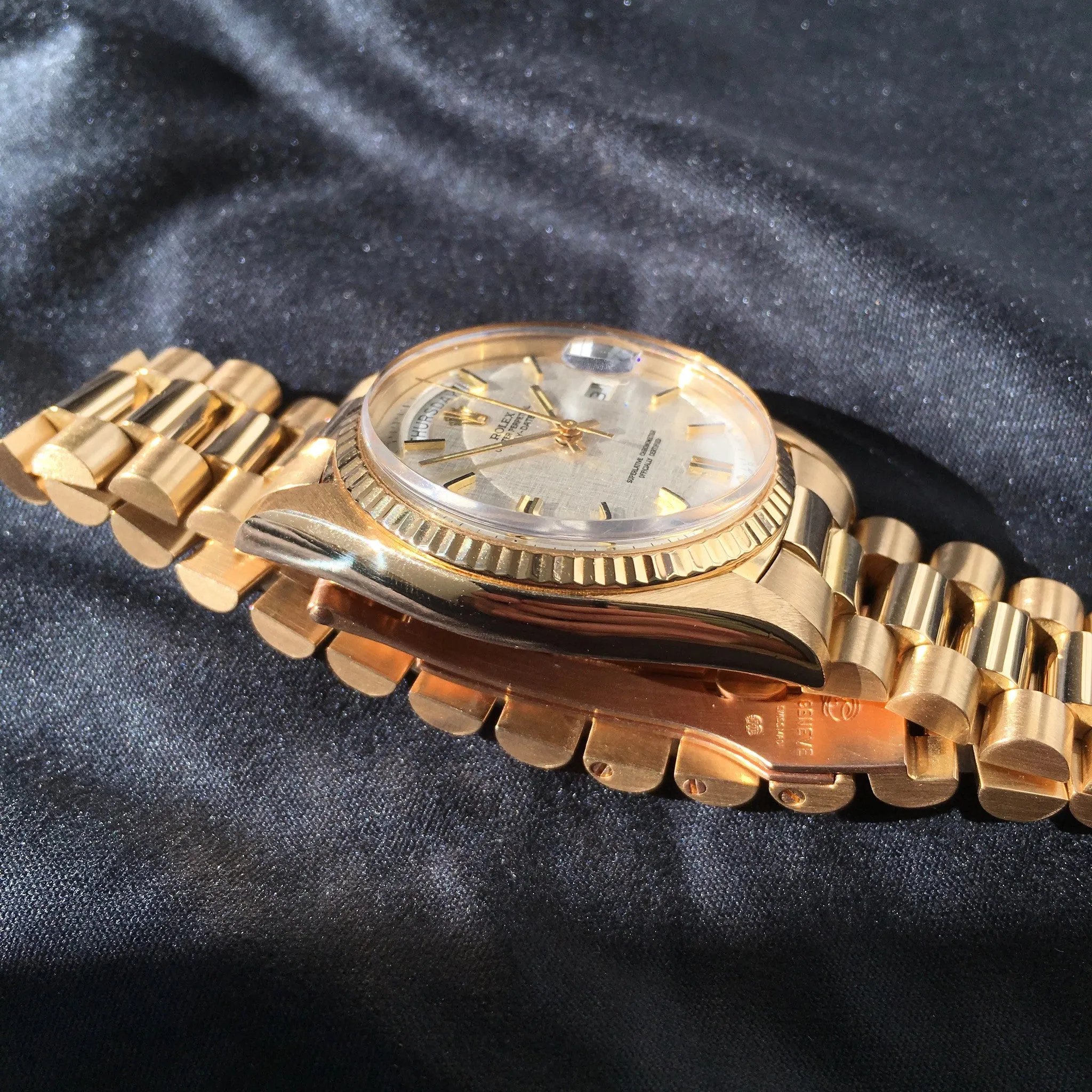 1972 Rolex President 1803 Day Date 18K Yellow Gold Linen Wristwatch