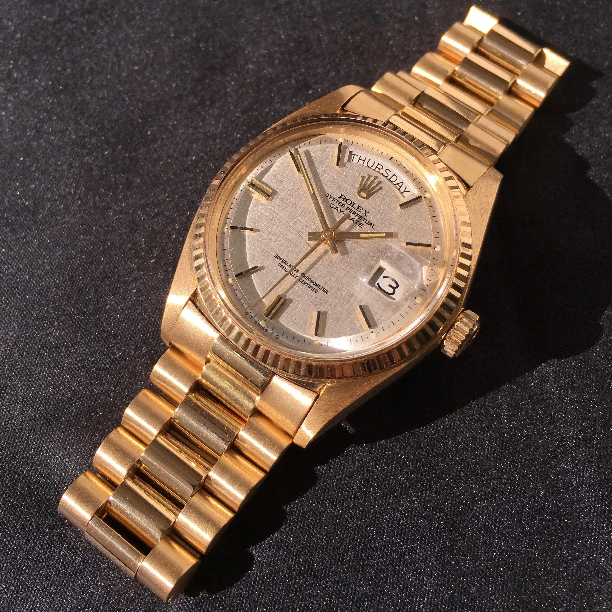1972 Rolex President 1803 Day Date 18K Yellow Gold Linen Wristwatch