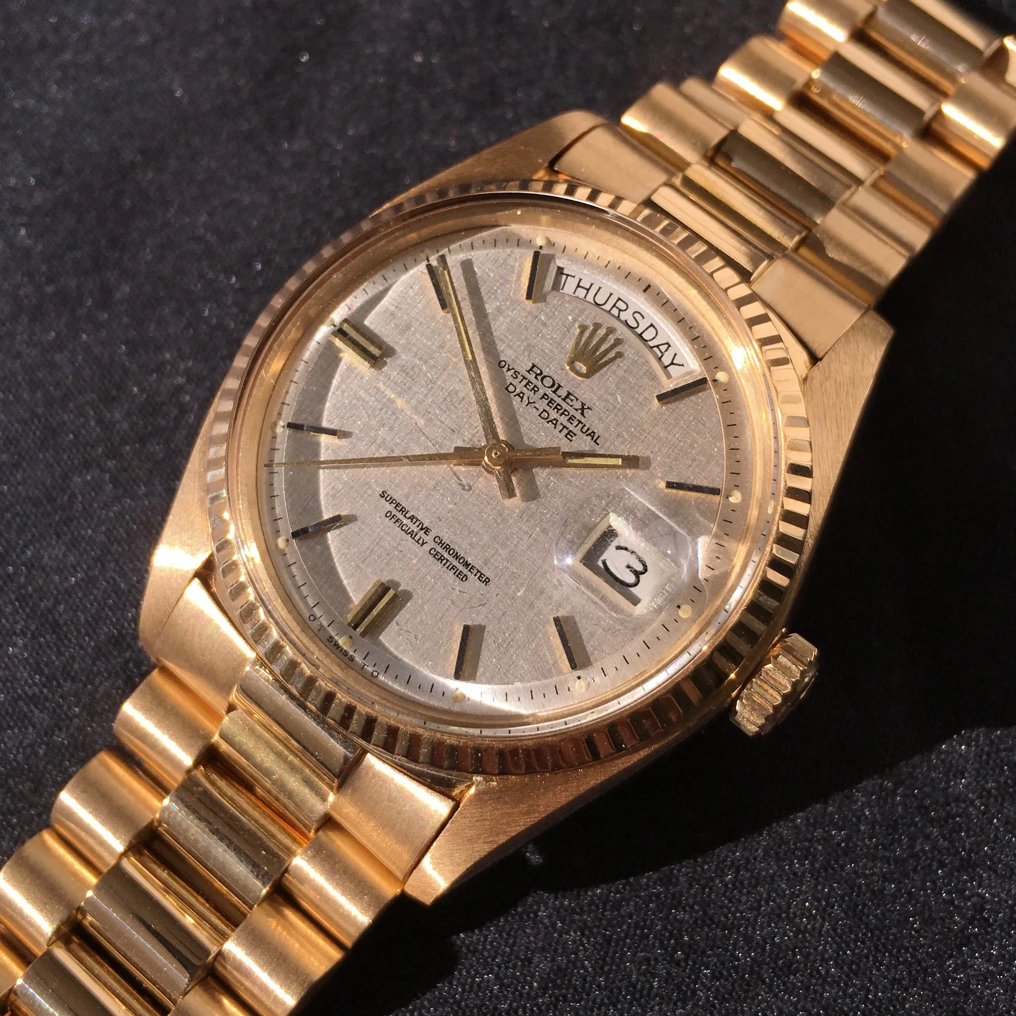 1972 Rolex President 1803 Day Date 18K Yellow Gold Linen Wristwatch
