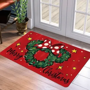 1PC Non-Slip Polyester Christmas Holiday Entrance Doormat – Rectangular, Stain-Resistant, Lightweight Door Mat with Christmas Wreath Pattern for Home, Indoor Outdoor, Ideal for Father's Day, Graduation