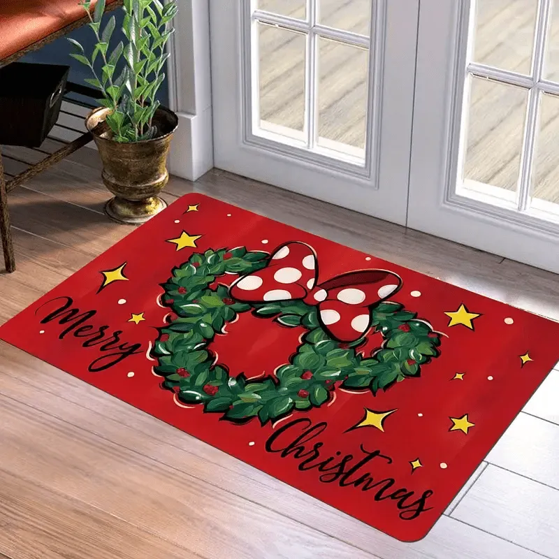 1PC Non-Slip Polyester Christmas Holiday Entrance Doormat – Rectangular, Stain-Resistant, Lightweight Door Mat with Christmas Wreath Pattern for Home, Indoor Outdoor, Ideal for Father's Day, Graduation