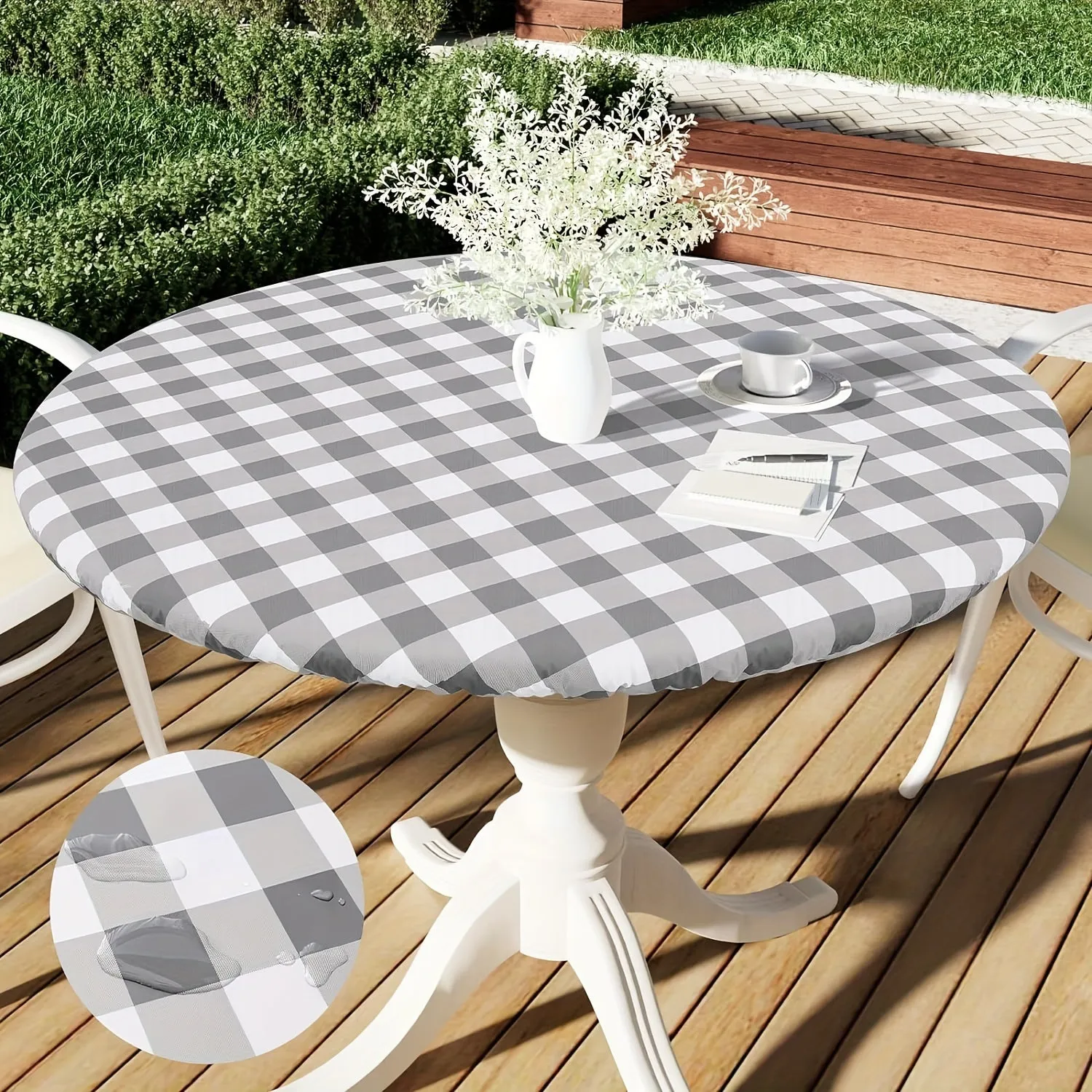 1pc Waterproof & Oil-Resistant Vinyl Tablecloth with Elastic Edge - Lightweight, Washable, Reusable for Kitchen, Dining Room, Camping, Picnics, Buffets, Weddings, Birthdays, Parties - Round Plaid Design