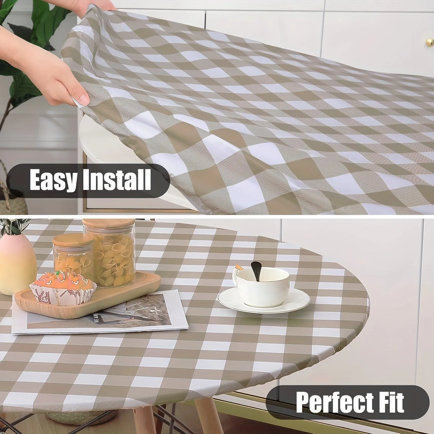 1pc Waterproof & Oil-Resistant Vinyl Tablecloth with Elastic Edge - Lightweight, Washable, Reusable for Kitchen, Dining Room, Camping, Picnics, Buffets, Weddings, Birthdays, Parties - Round Plaid Design