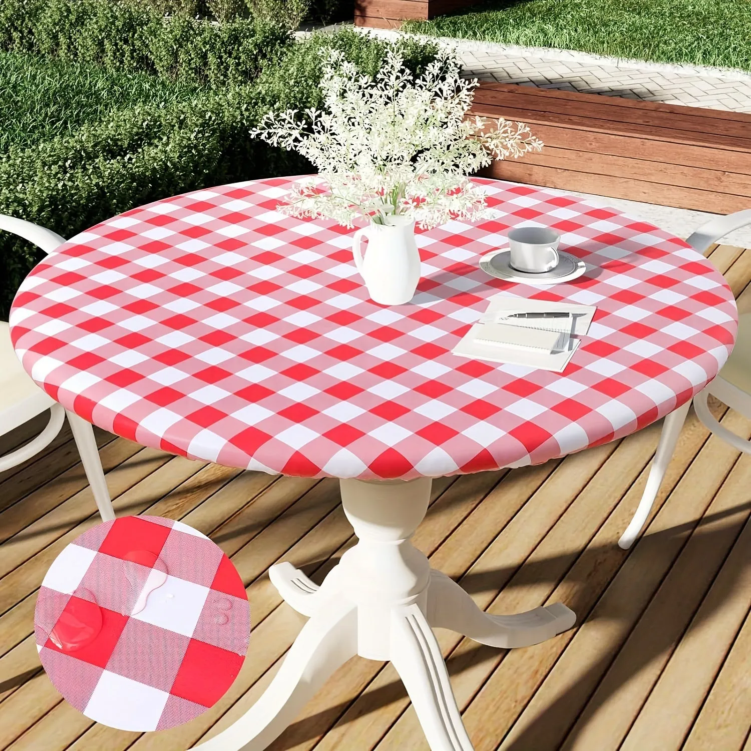 1pc Waterproof & Oil-Resistant Vinyl Tablecloth with Elastic Edge - Lightweight, Washable, Reusable for Kitchen, Dining Room, Camping, Picnics, Buffets, Weddings, Birthdays, Parties - Round Plaid Design