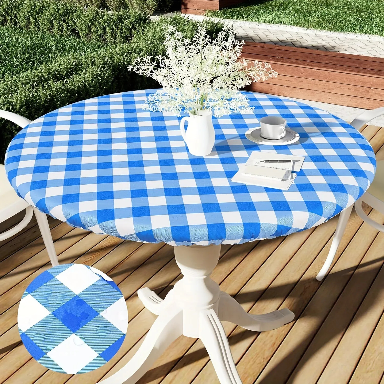 1pc Waterproof & Oil-Resistant Vinyl Tablecloth with Elastic Edge - Lightweight, Washable, Reusable for Kitchen, Dining Room, Camping, Picnics, Buffets, Weddings, Birthdays, Parties - Round Plaid Design