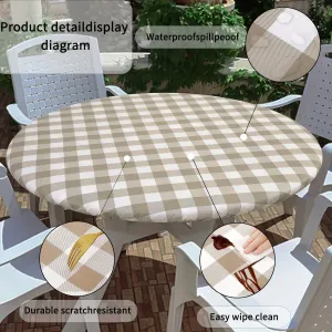 1pc Waterproof & Oil-Resistant Vinyl Tablecloth with Elastic Edge - Lightweight, Washable, Reusable for Kitchen, Dining Room, Camping, Picnics, Buffets, Weddings, Birthdays, Parties - Round Plaid Design