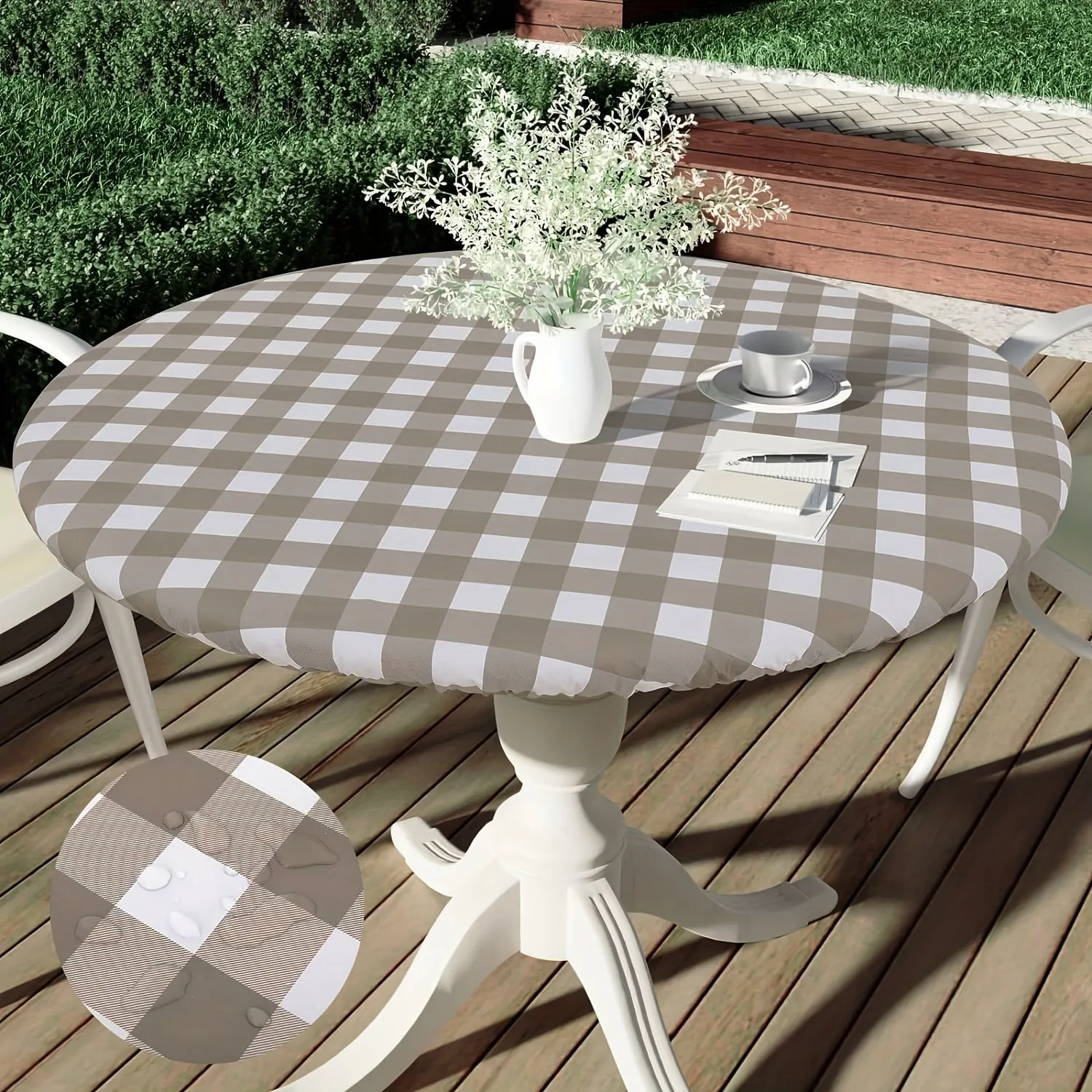 1pc Waterproof & Oil-Resistant Vinyl Tablecloth with Elastic Edge - Lightweight, Washable, Reusable for Kitchen, Dining Room, Camping, Picnics, Buffets, Weddings, Birthdays, Parties - Round Plaid Design