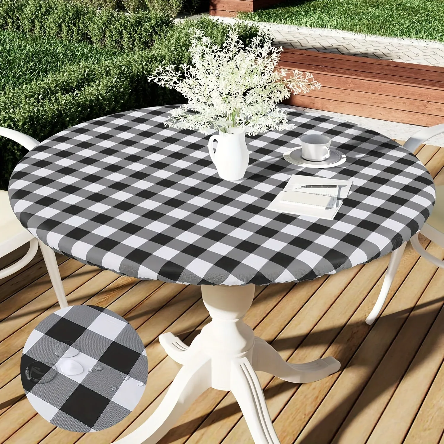 1pc Waterproof & Oil-Resistant Vinyl Tablecloth with Elastic Edge - Lightweight, Washable, Reusable for Kitchen, Dining Room, Camping, Picnics, Buffets, Weddings, Birthdays, Parties - Round Plaid Design