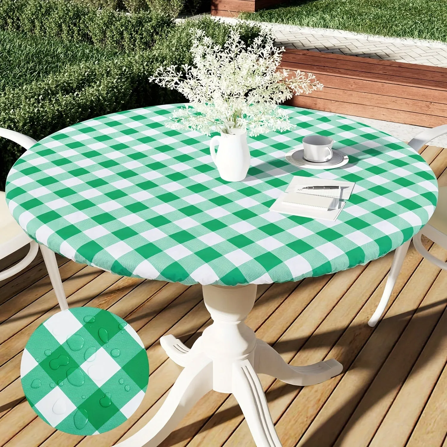 1pc Waterproof & Oil-Resistant Vinyl Tablecloth with Elastic Edge - Lightweight, Washable, Reusable for Kitchen, Dining Room, Camping, Picnics, Buffets, Weddings, Birthdays, Parties - Round Plaid Design