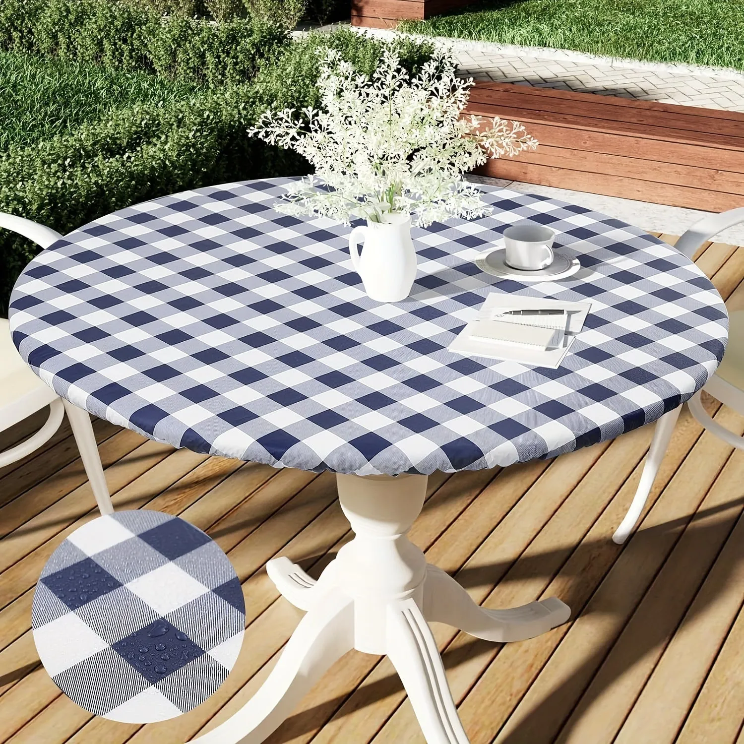 1pc Waterproof & Oil-Resistant Vinyl Tablecloth with Elastic Edge - Lightweight, Washable, Reusable for Kitchen, Dining Room, Camping, Picnics, Buffets, Weddings, Birthdays, Parties - Round Plaid Design
