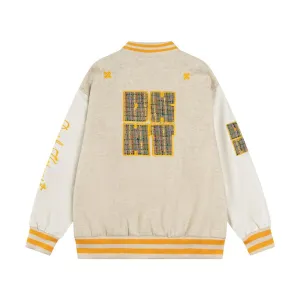 American Style Street Trendy Loose Color-block Baseball Suit Jacket Men's Letter Padded Embroidered Color-block Collar PU Leather Sleeve Jacket