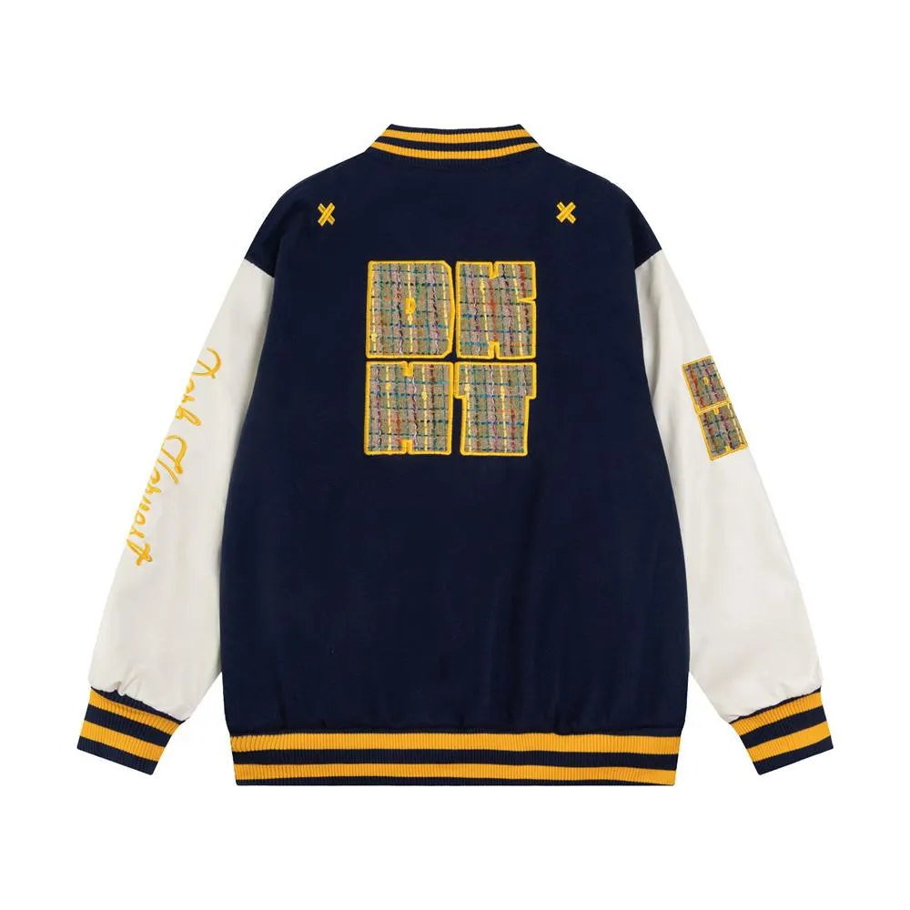 American Style Street Trendy Loose Color-block Baseball Suit Jacket Men's Letter Padded Embroidered Color-block Collar PU Leather Sleeve Jacket