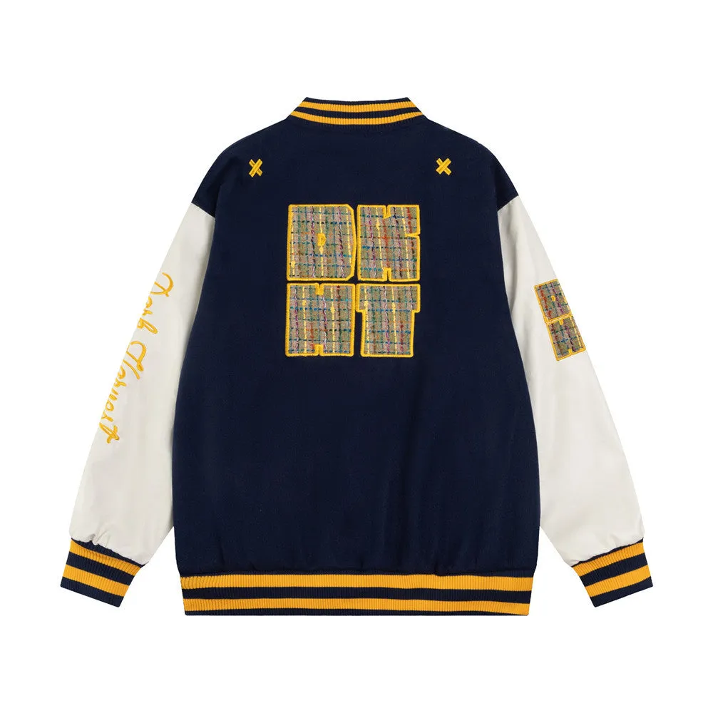 American Style Street Trendy Loose Color-block Baseball Suit Jacket Men's Letter Padded Embroidered Color-block Collar PU Leather Sleeve Jacket