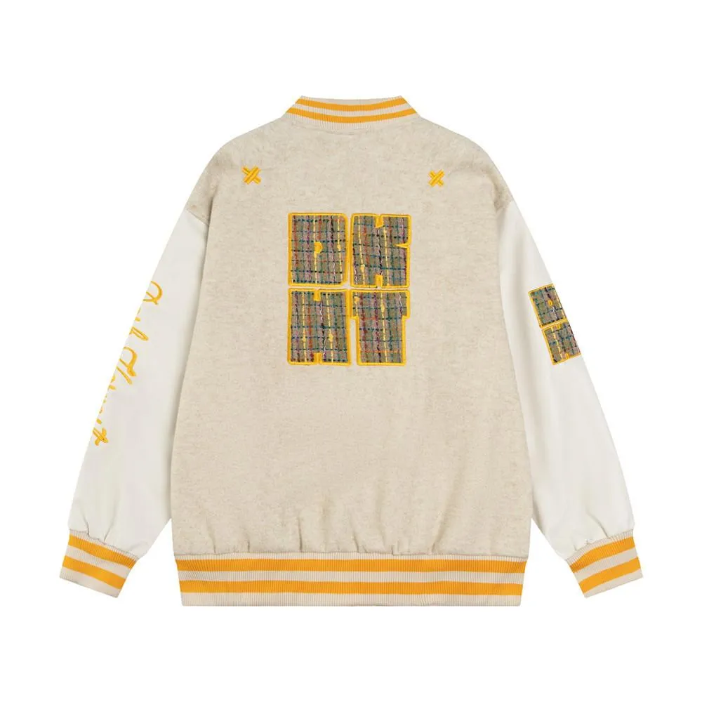 American Style Street Trendy Loose Color-block Baseball Suit Jacket Men's Letter Padded Embroidered Color-block Collar PU Leather Sleeve Jacket