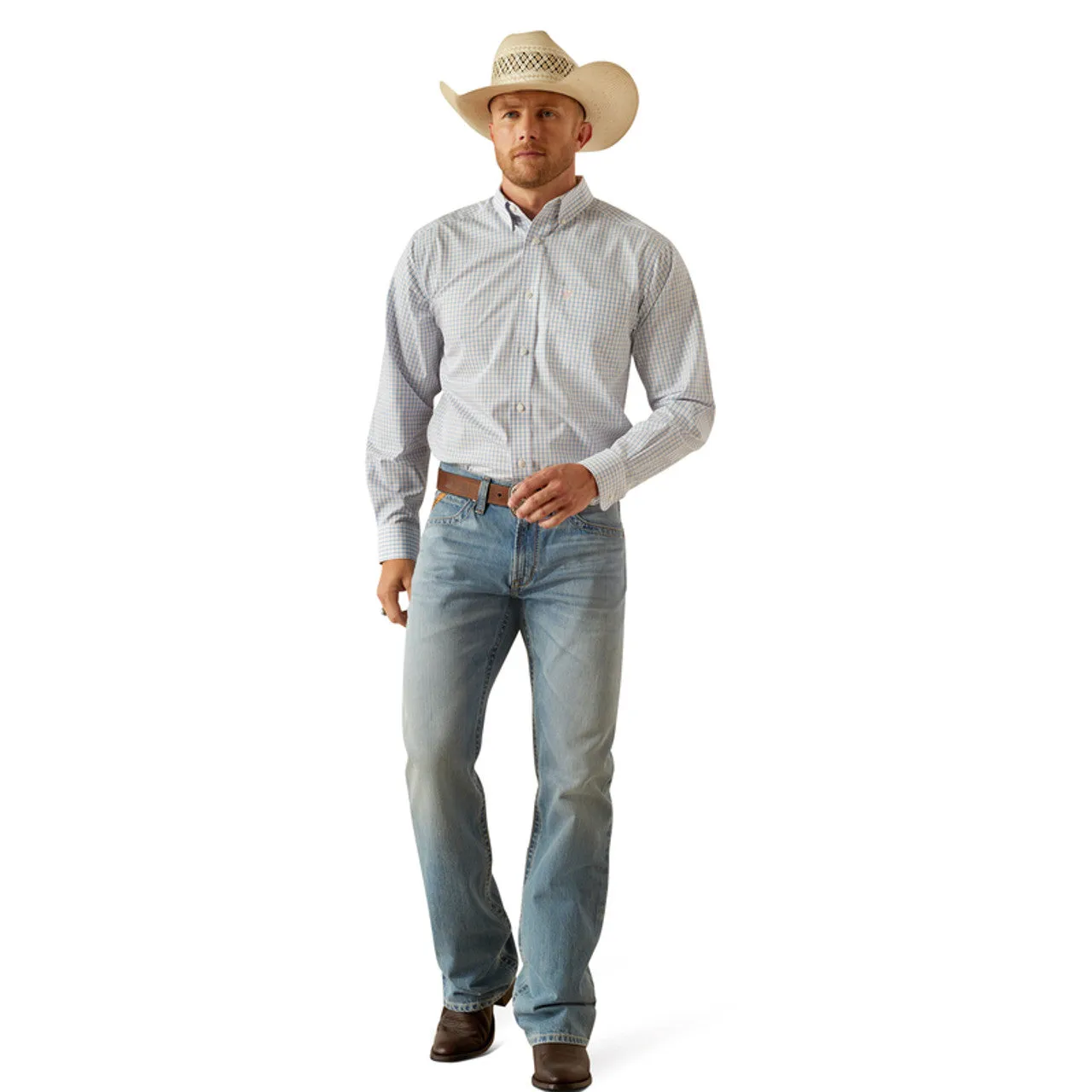 Ariat Men's Wrinkle Free L/S Classic Fit Alan Western Button Down Shirt in Blue Checkered Plaid