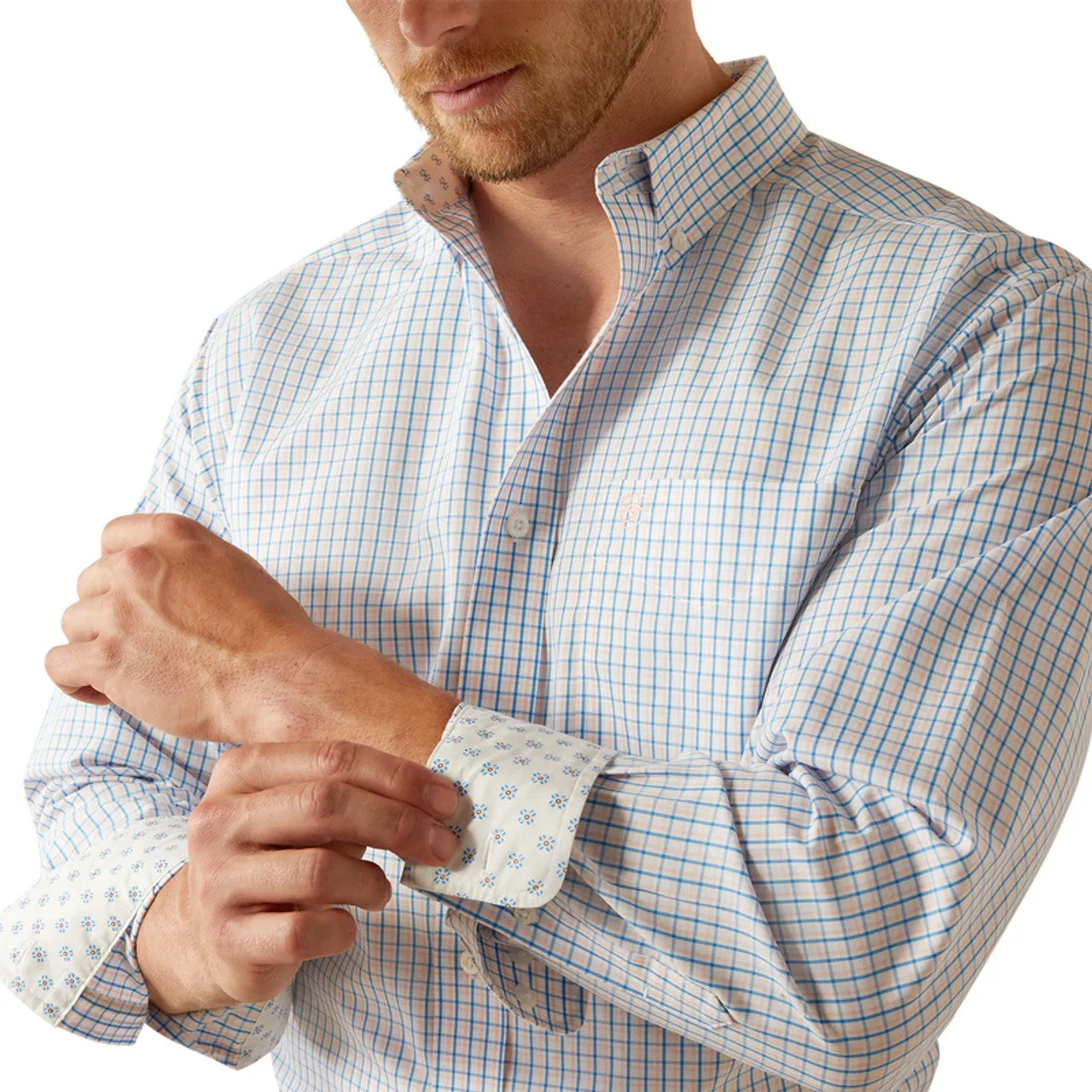 Ariat Men's Wrinkle Free L/S Classic Fit Alan Western Button Down Shirt in Blue Checkered Plaid