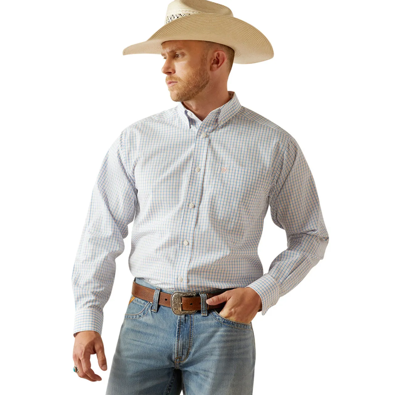 Ariat Men's Wrinkle Free L/S Classic Fit Alan Western Button Down Shirt in Blue Checkered Plaid