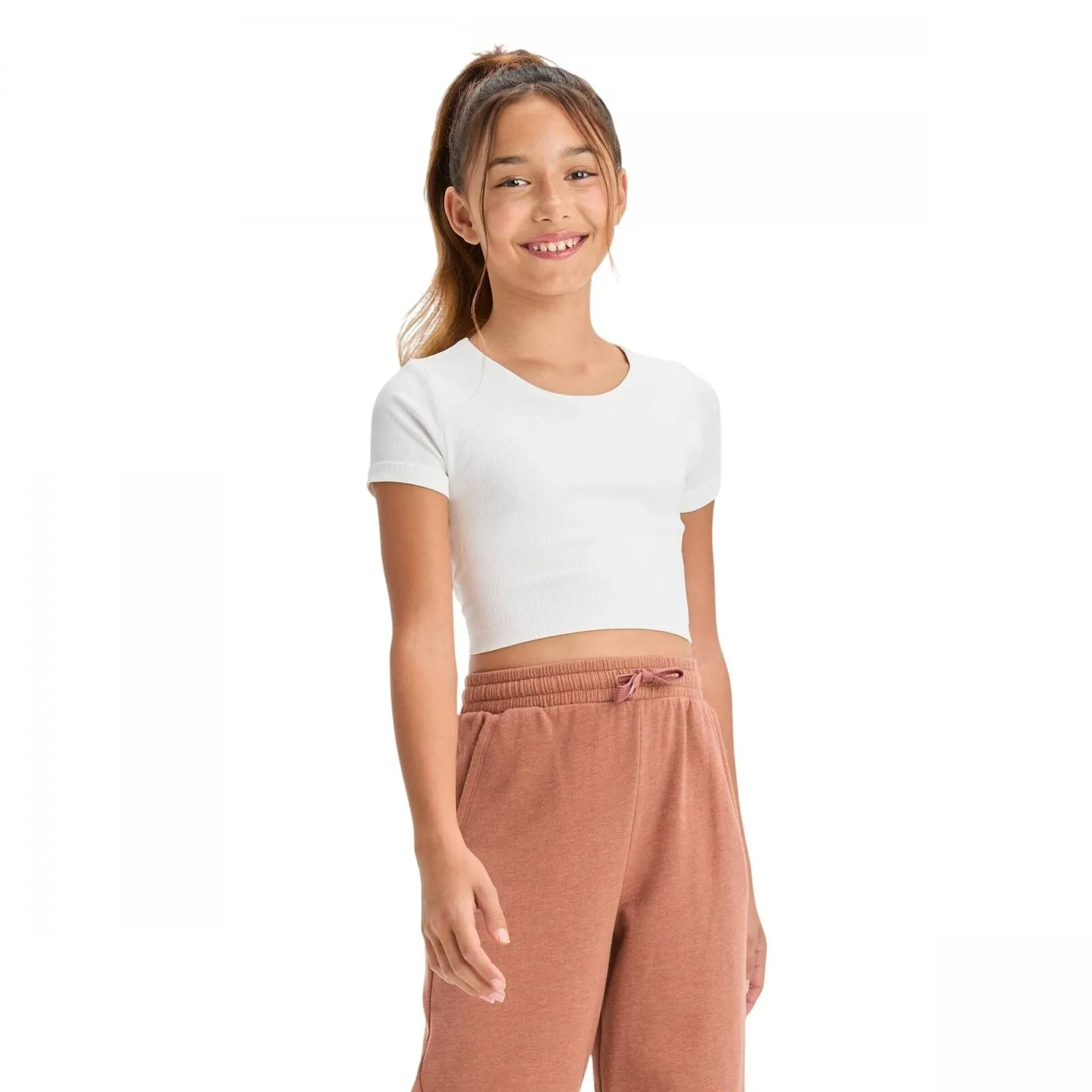 Art Class Girls Short Sleeve Scoop Neck Seamless Cropped Top 89736362 White M
