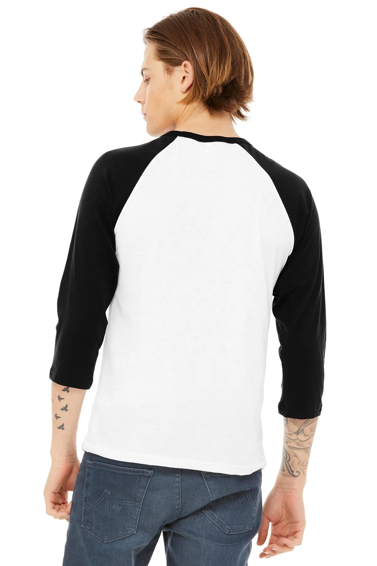 BELLA CANVAS  Unisex 3/4-Sleeve Baseball Tee. BC3200 White/ Black