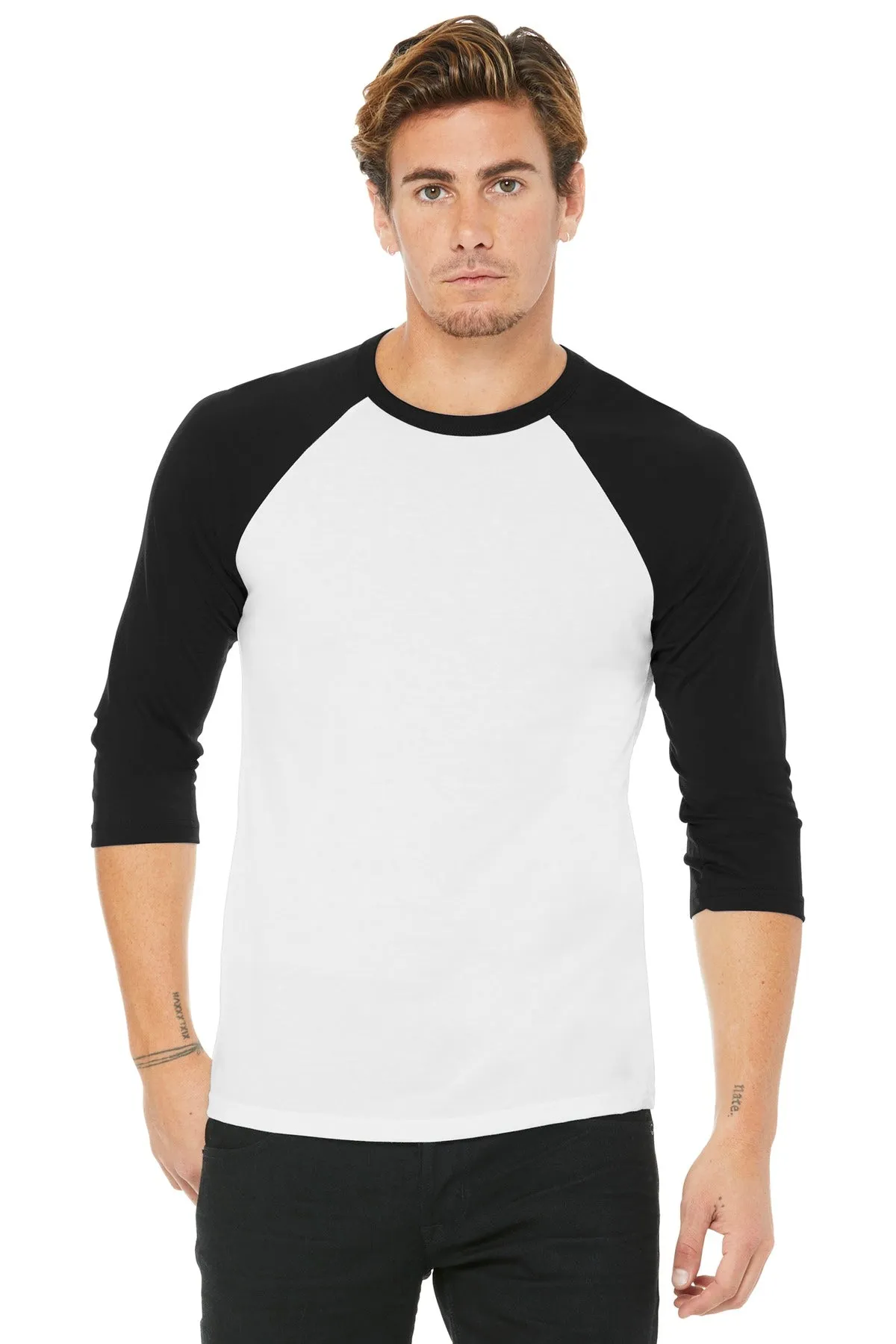 BELLA CANVAS  Unisex 3/4-Sleeve Baseball Tee. BC3200 White/ Black