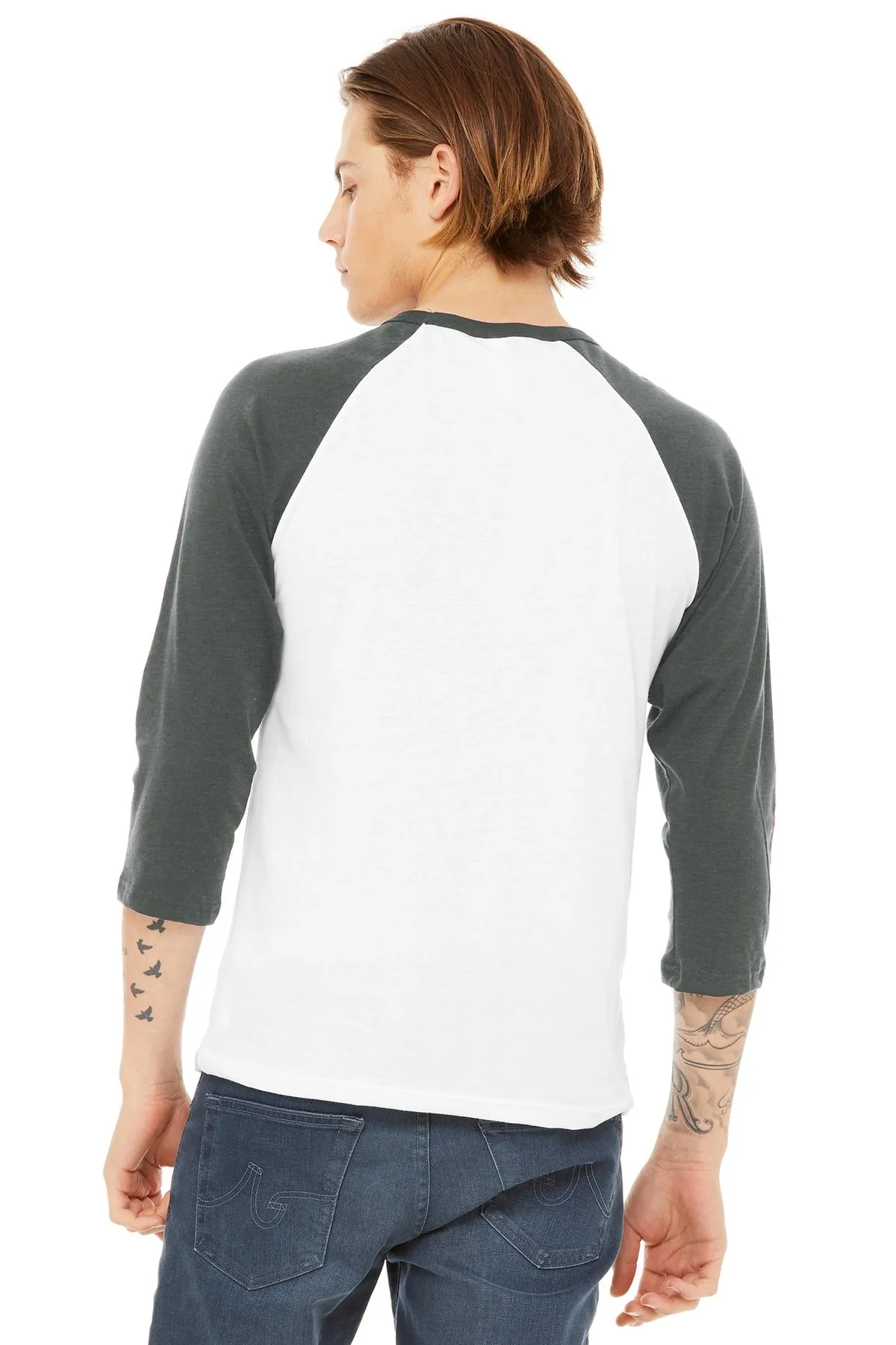BELLA CANVAS  Unisex 3/4-Sleeve Baseball Tee. BC3200 White/ Deep Heather
