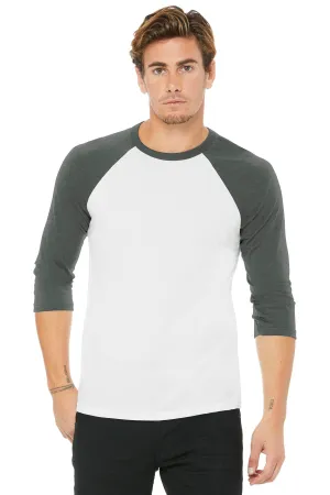 BELLA CANVAS  Unisex 3/4-Sleeve Baseball Tee. BC3200 White/ Deep Heather