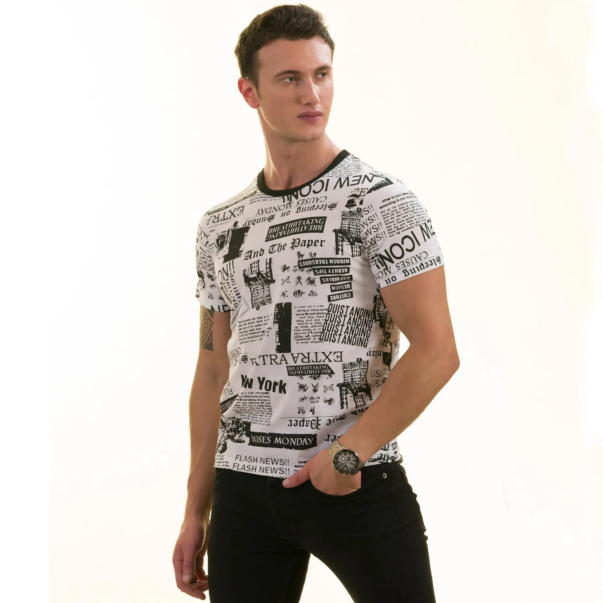 Black and White Printed Words T Shirt | European Made Premium Quality - Crew Neck Short Sleeve T-Shirts