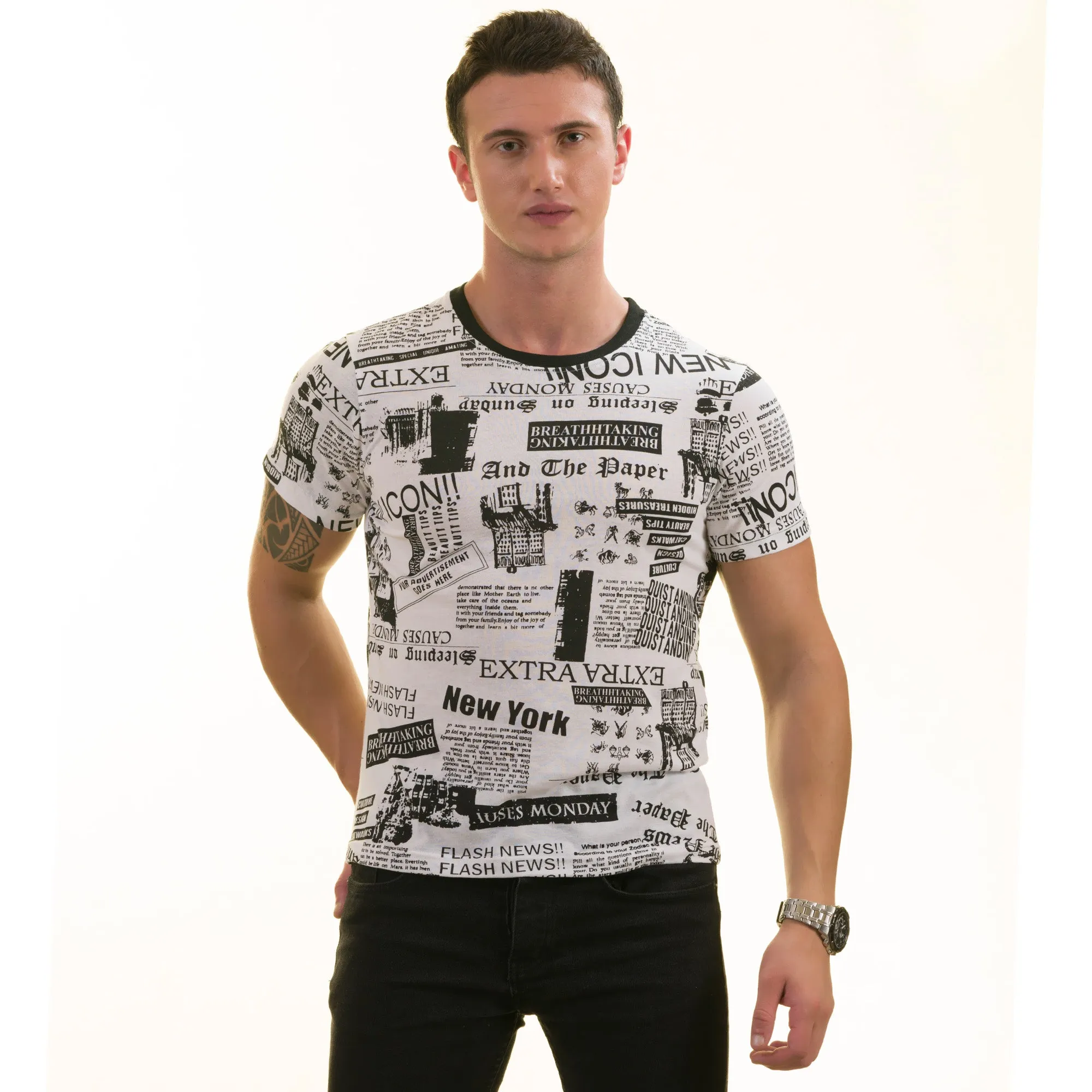 Black and White Printed Words T Shirt | European Made Premium Quality - Crew Neck Short Sleeve T-Shirts