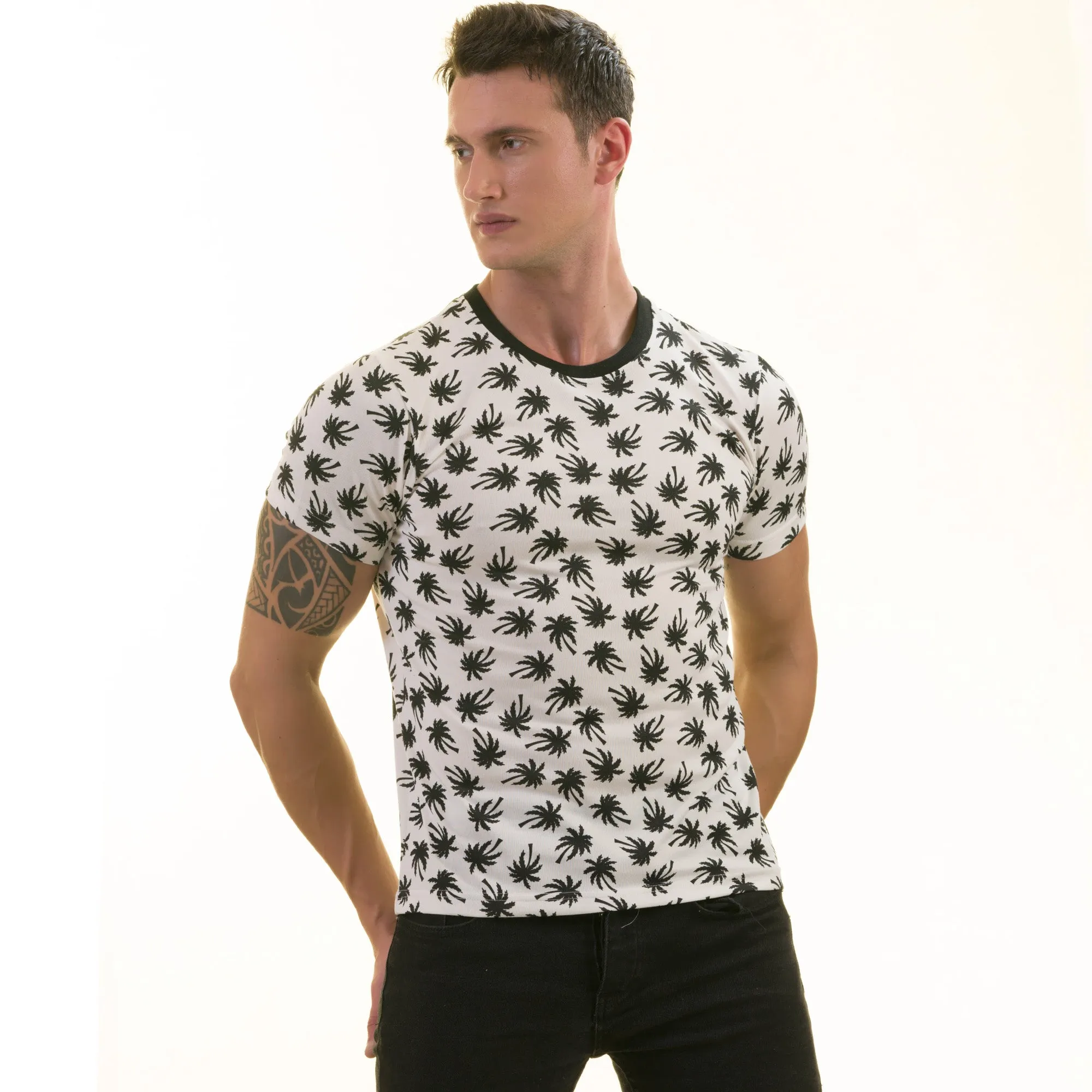 Black Palm Trees on White European Made Premium Quality T-Shirt - Crew Neck Short Sleeve T-Shirts
