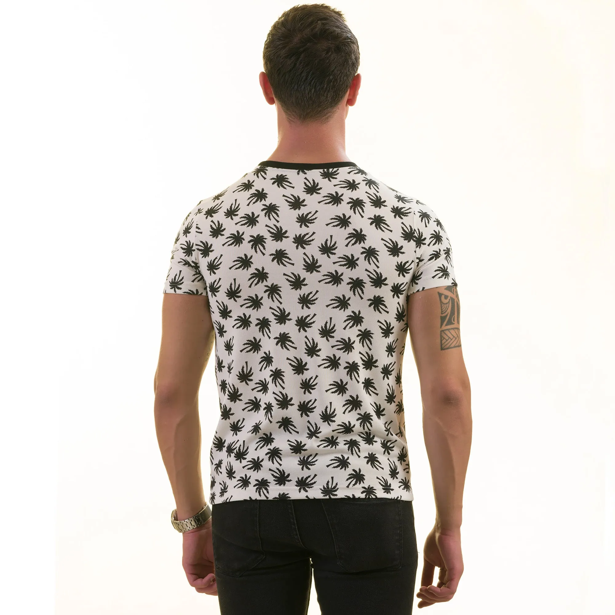 Black Palm Trees on White European Made Premium Quality T-Shirt - Crew Neck Short Sleeve T-Shirts