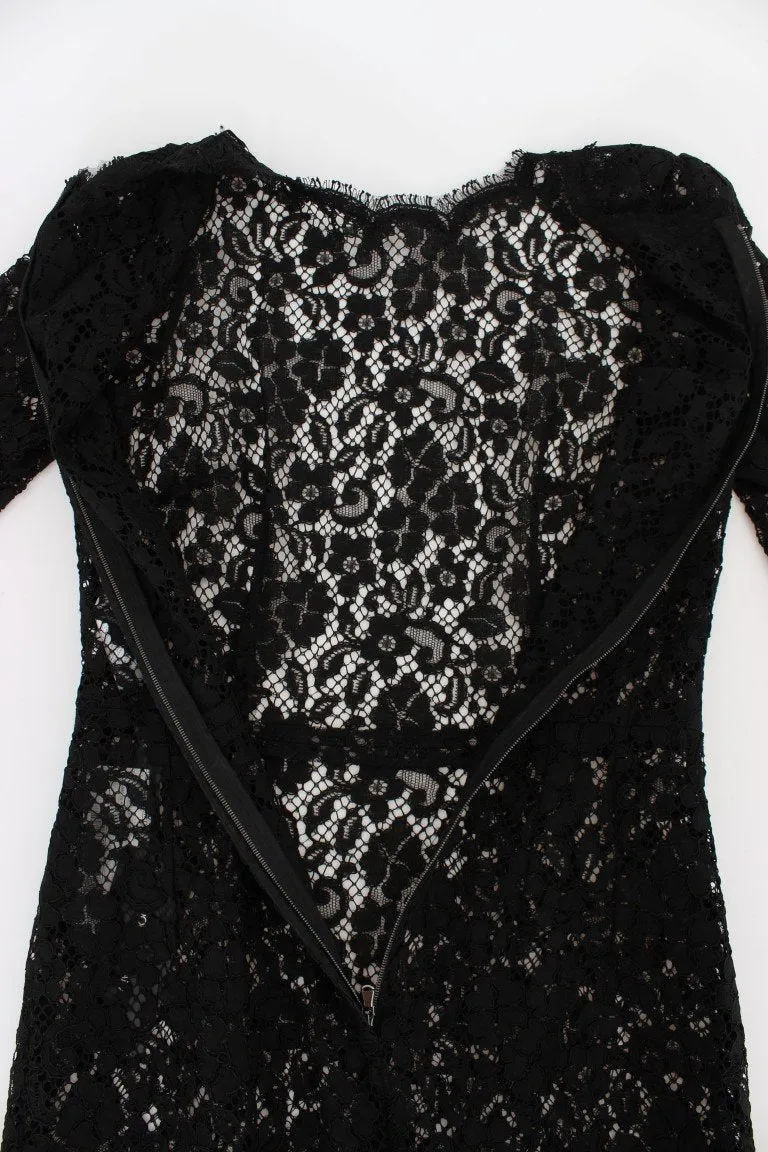 Black Ricamo Sheath Long Sleeve Dress