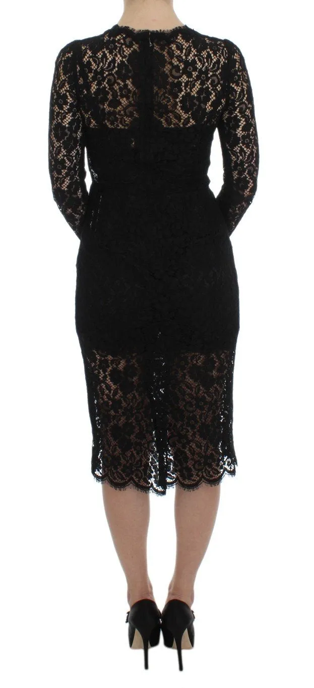 Black Ricamo Sheath Long Sleeve Dress