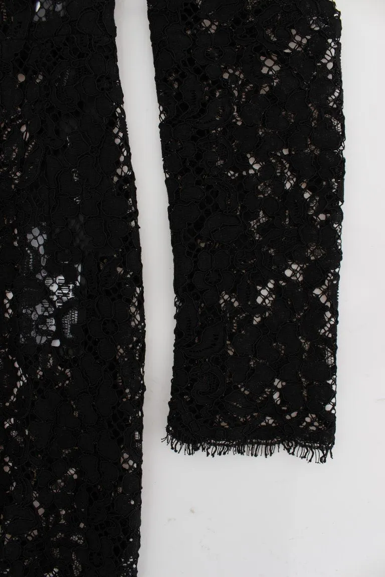 Black Ricamo Sheath Long Sleeve Dress