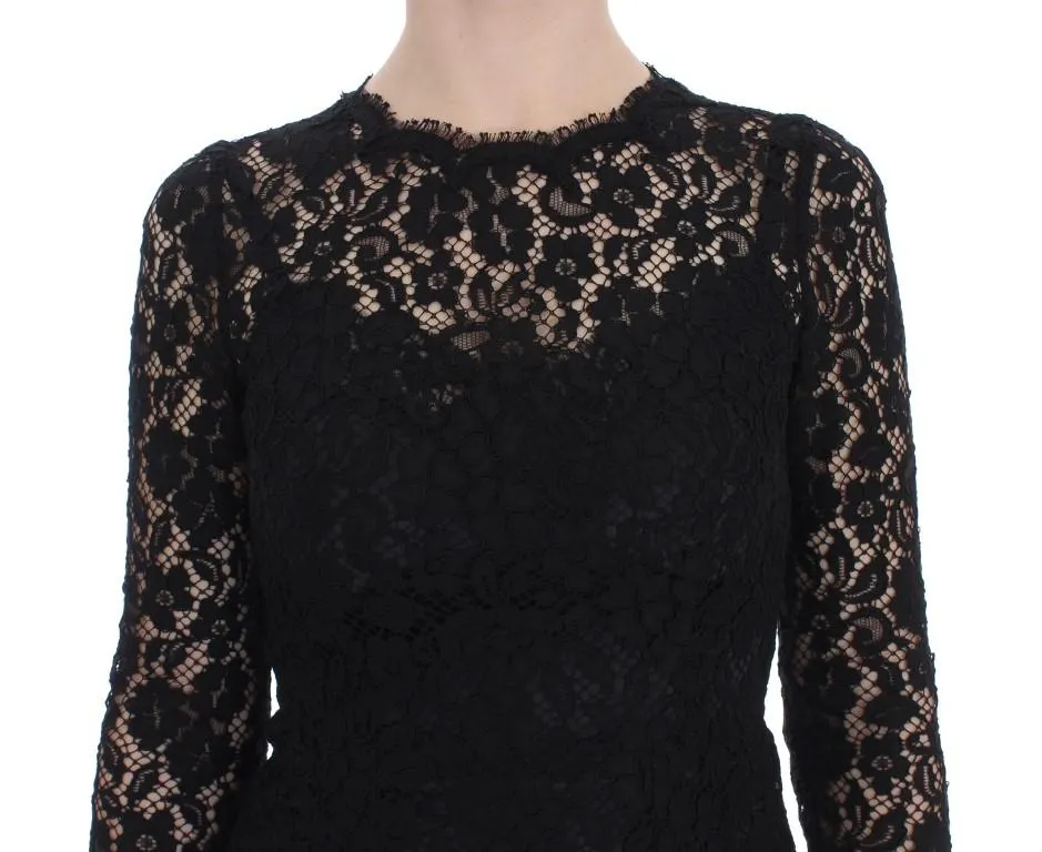 Black Ricamo Sheath Long Sleeve Dress
