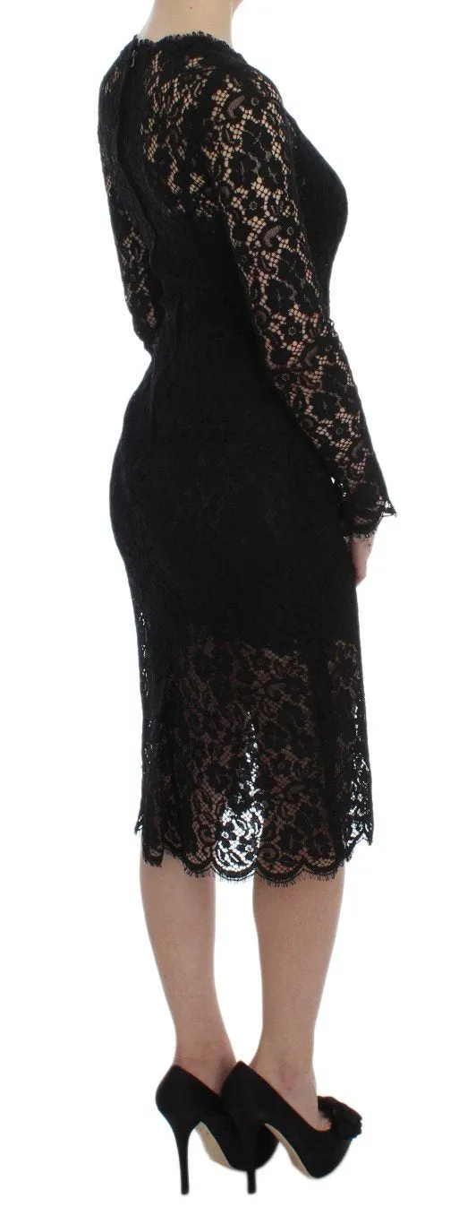 Black Ricamo Sheath Long Sleeve Dress