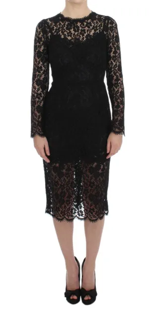 Black Ricamo Sheath Long Sleeve Dress