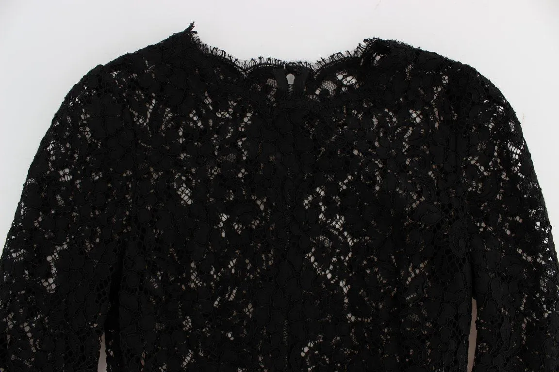 Black Ricamo Sheath Long Sleeve Dress
