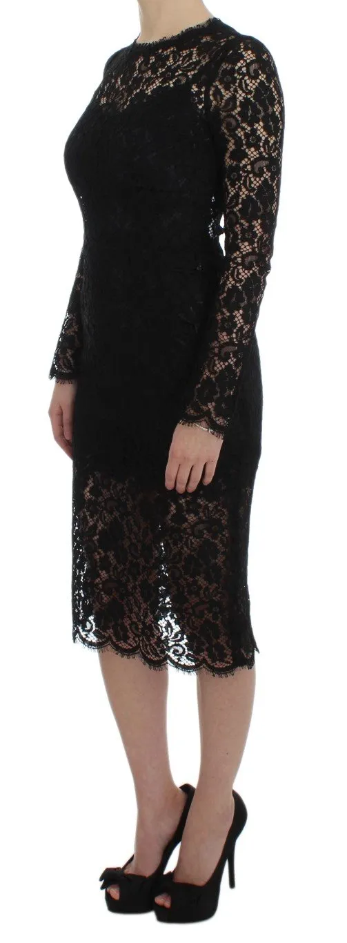 Black Ricamo Sheath Long Sleeve Dress