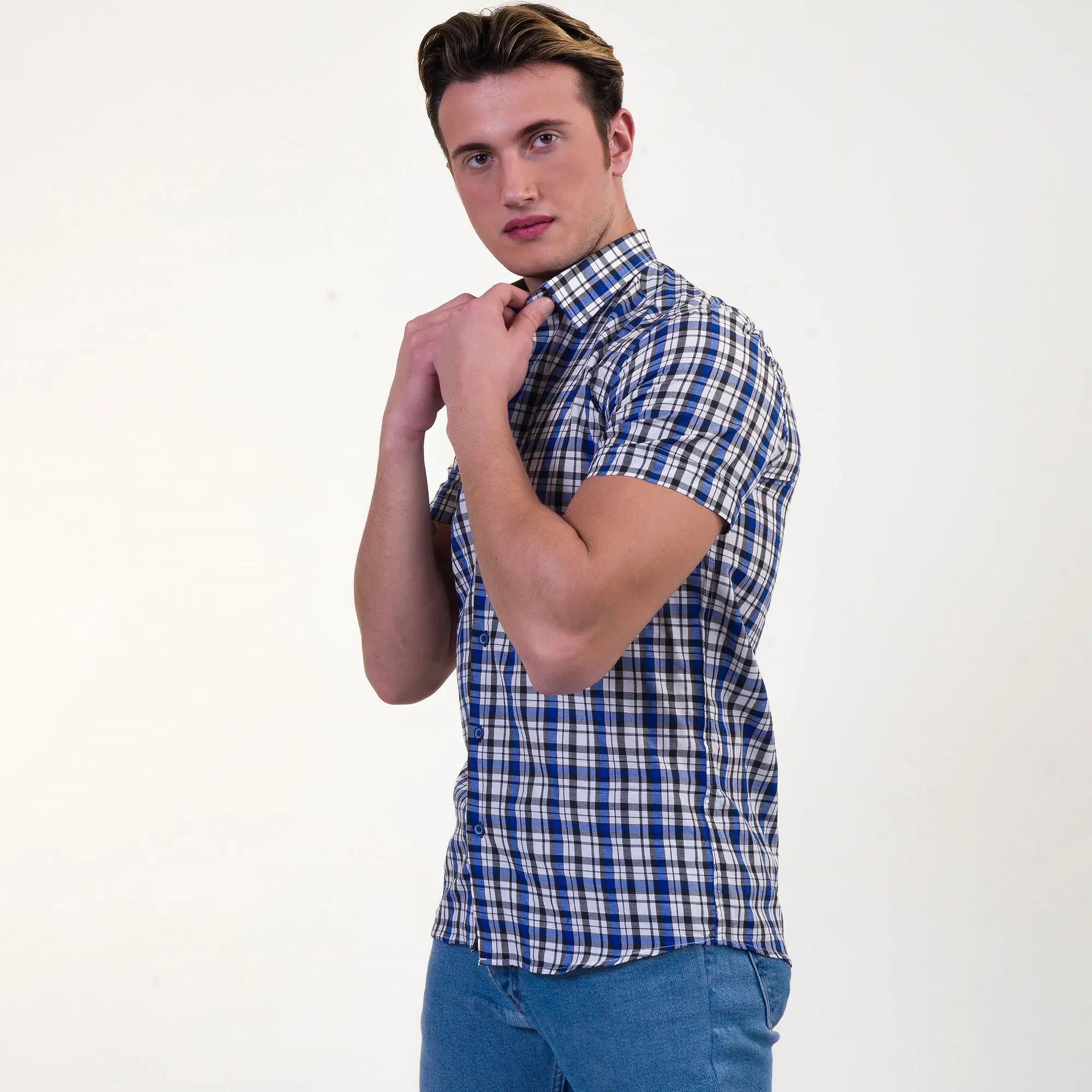 Blue & White Checkered Mens Short Sleeve Button up Shirts - Tailored Slim Fit Cotton Dress Shirts