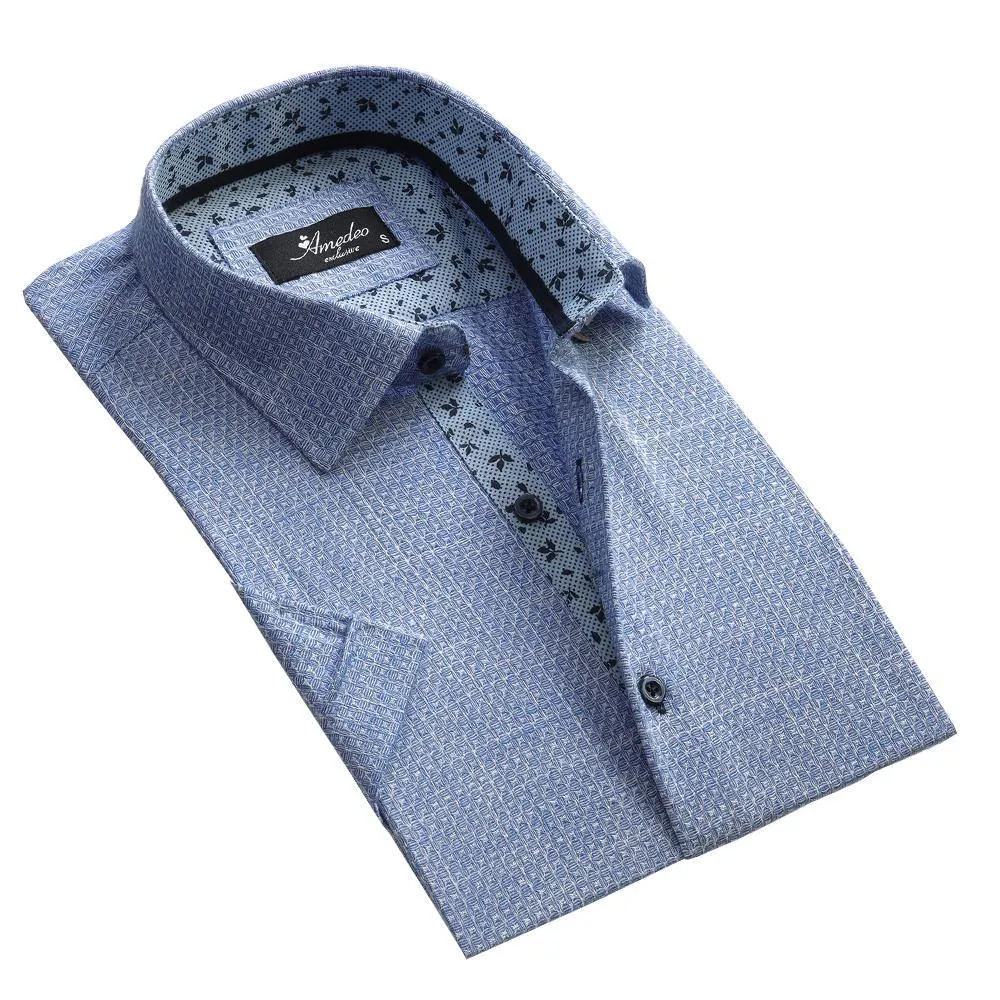 Blue White Mens Short Sleeve Button up Shirts - Tailored Slim Fit Cotton Dress Shirts