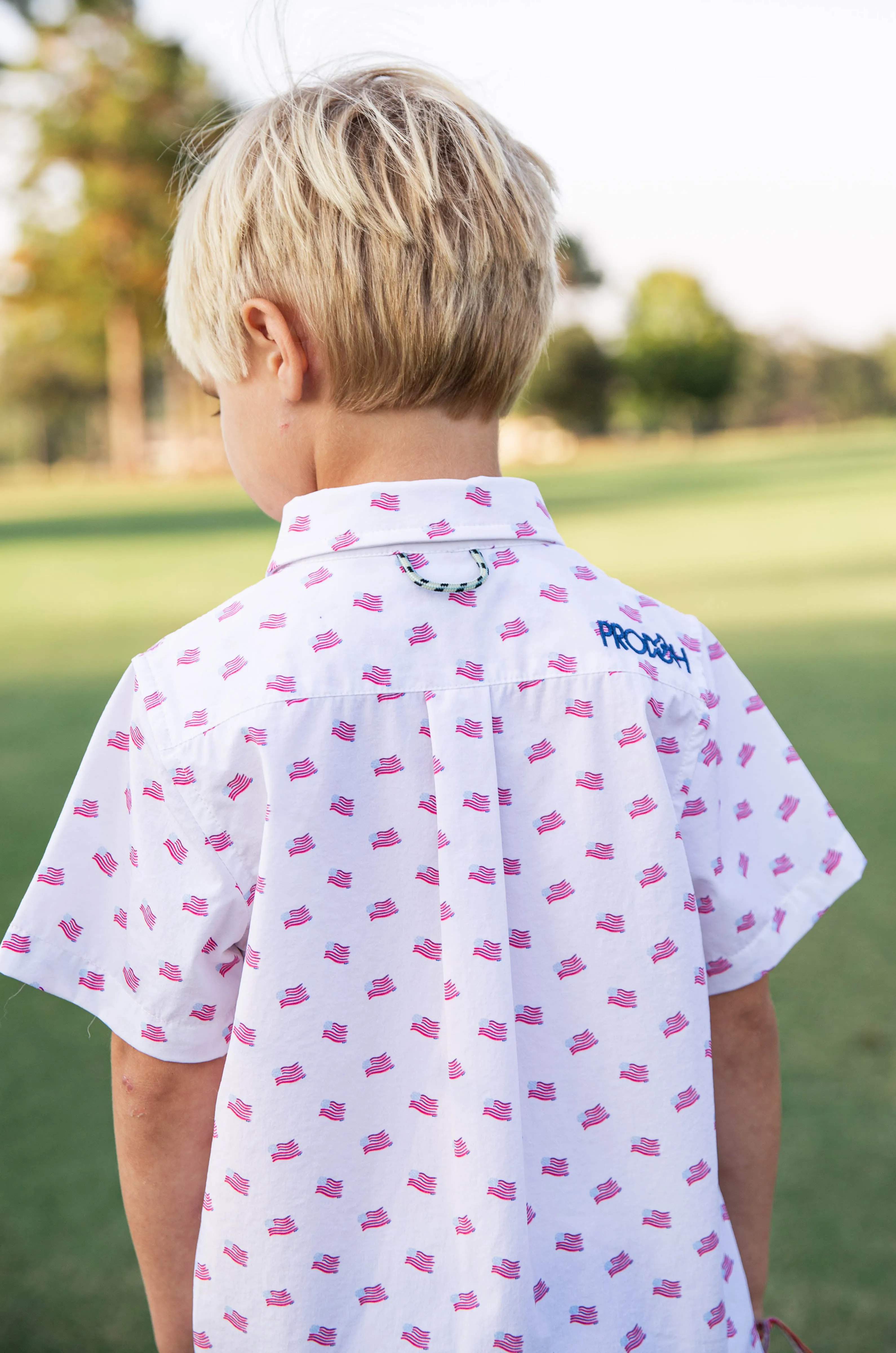 Boys' Short Sleeve Fishing Shirt in American Flag Print on White