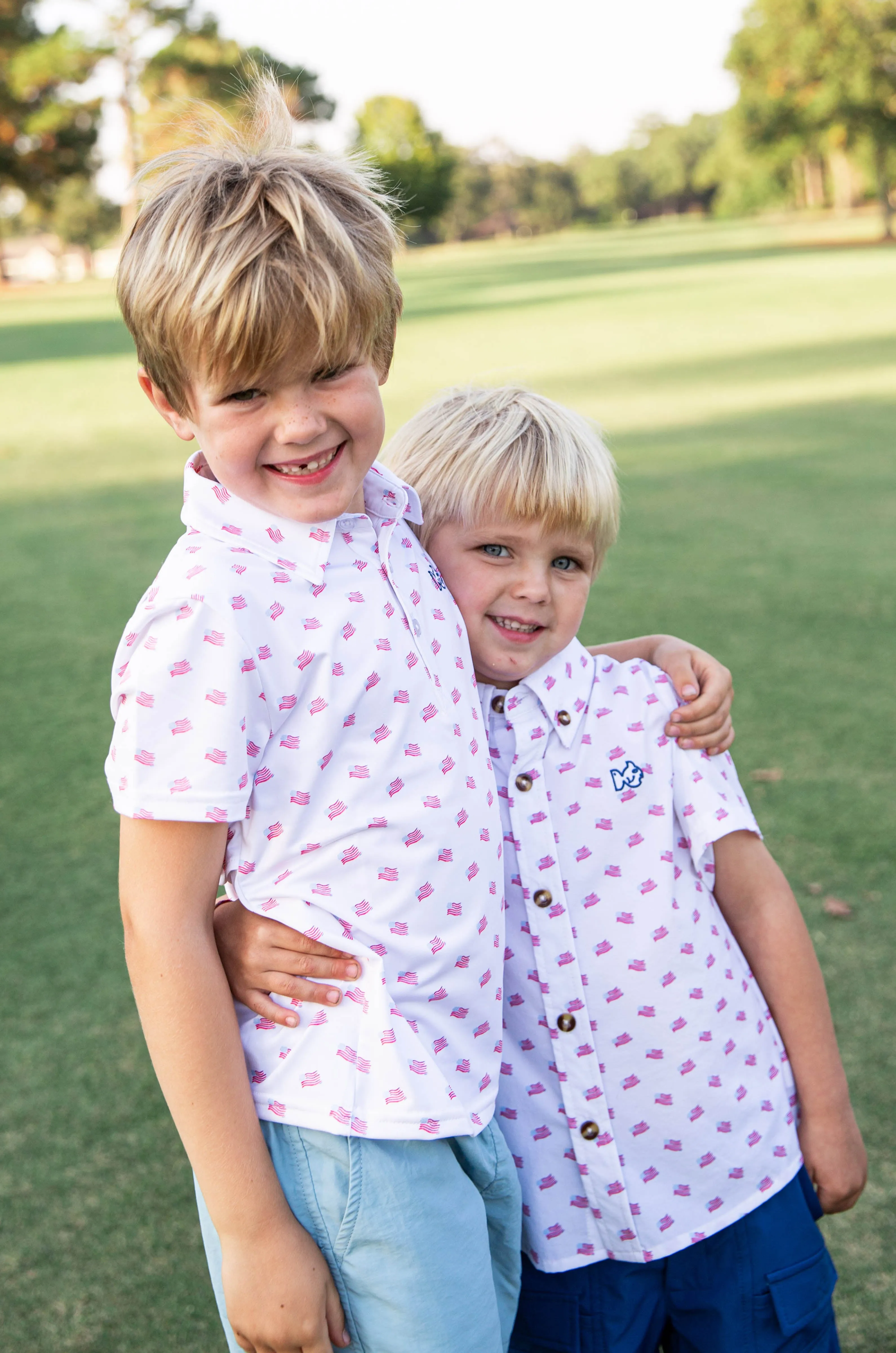 Boys' Short Sleeve Fishing Shirt in American Flag Print on White