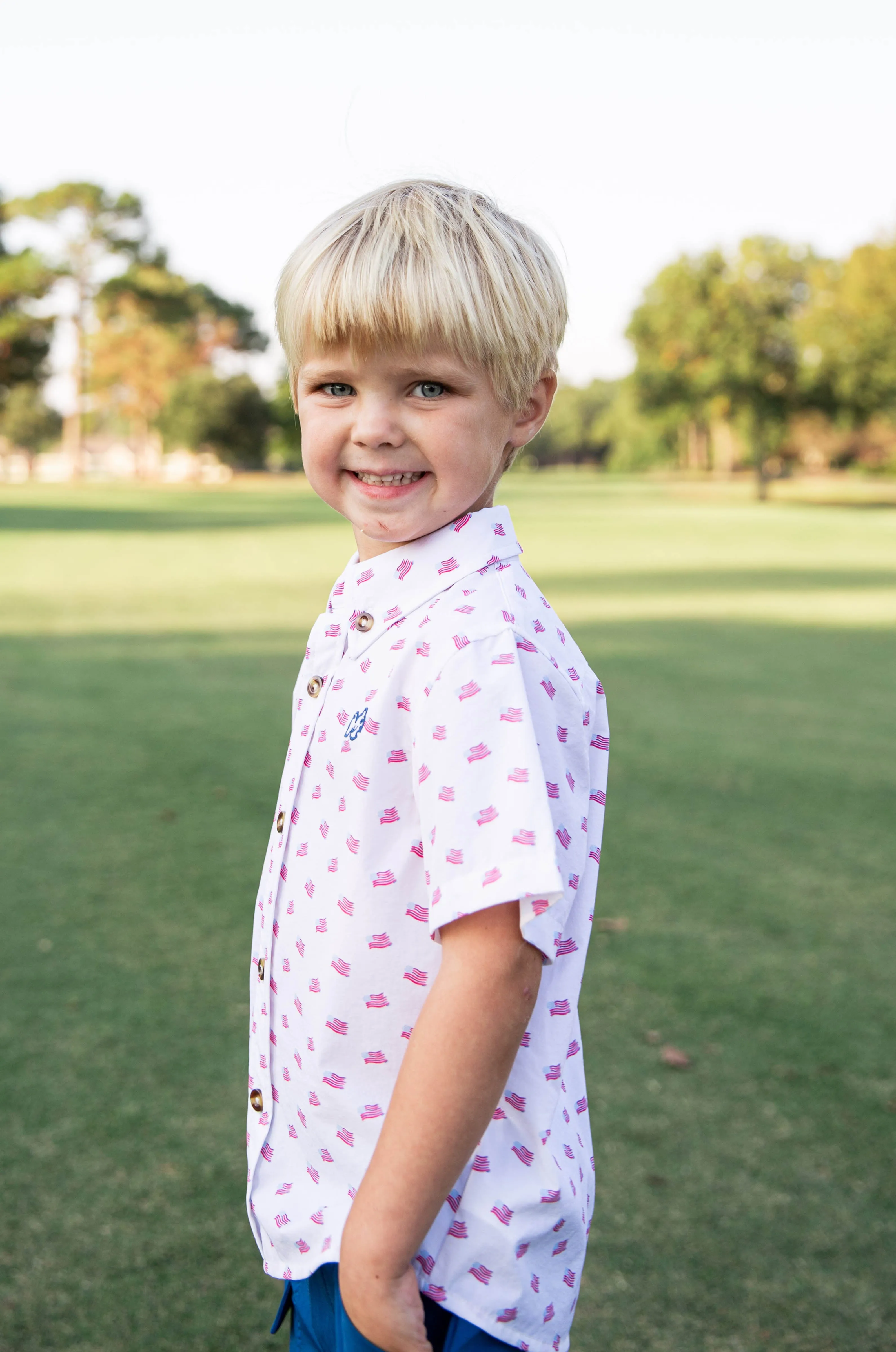 Boys' Short Sleeve Fishing Shirt in American Flag Print on White