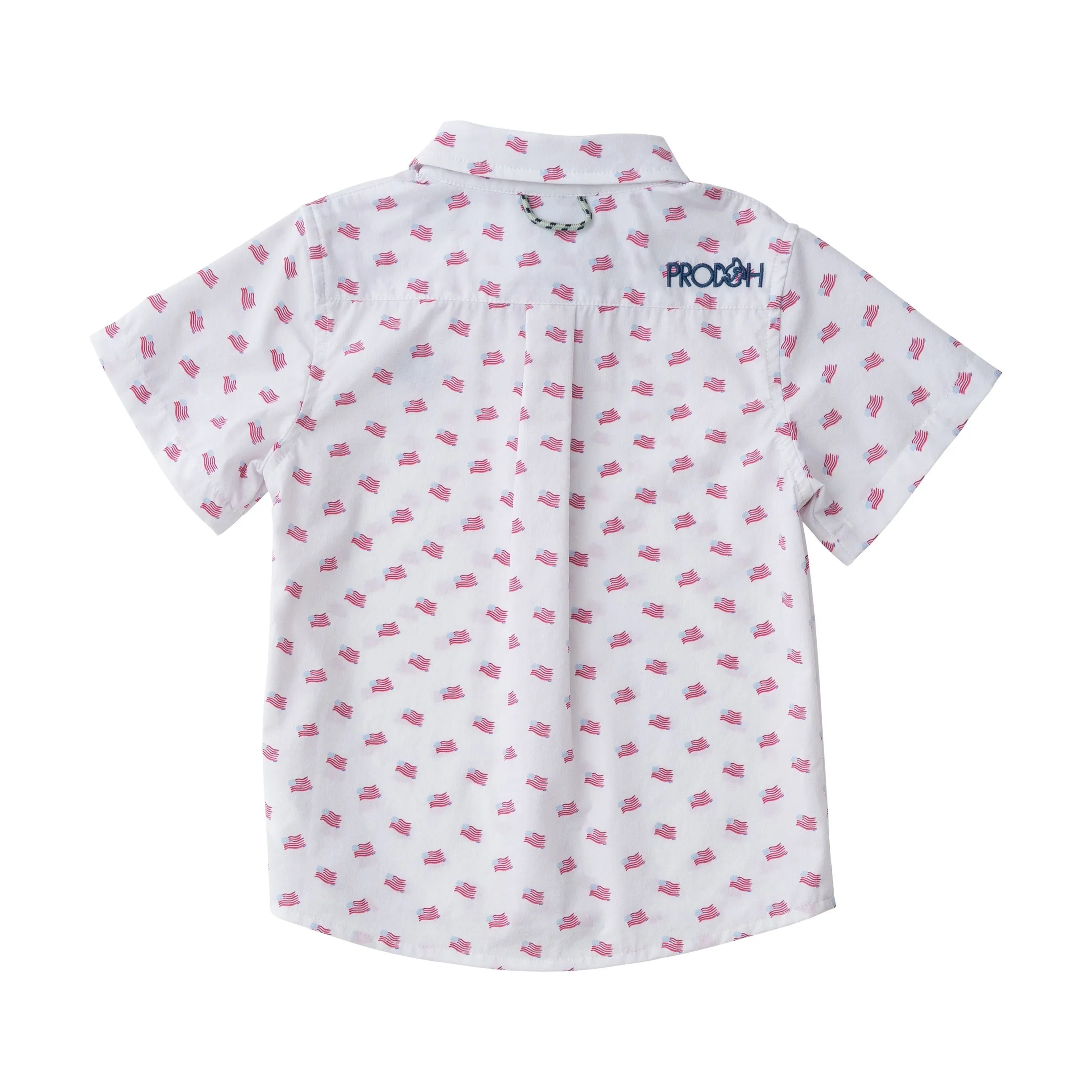 Boys' Short Sleeve Fishing Shirt in American Flag Print on White