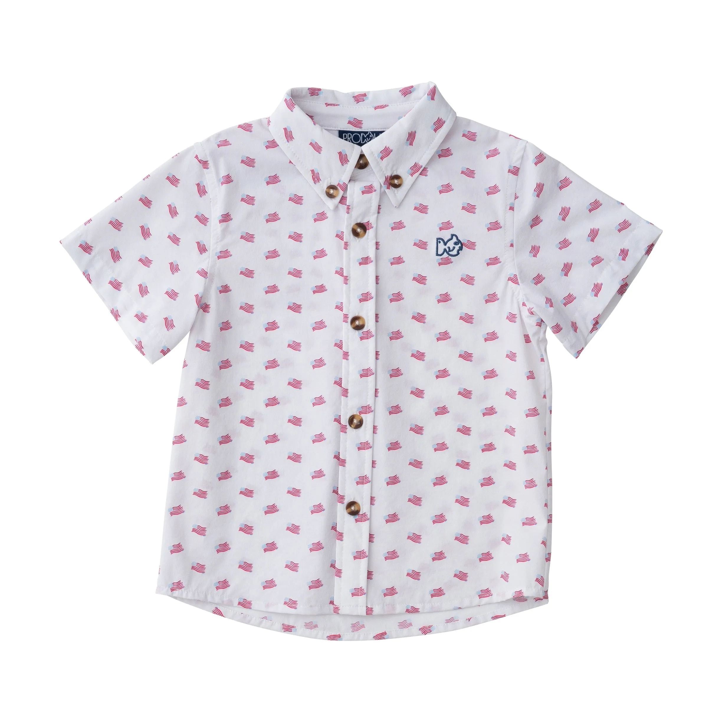 Boys' Short Sleeve Fishing Shirt in American Flag Print on White