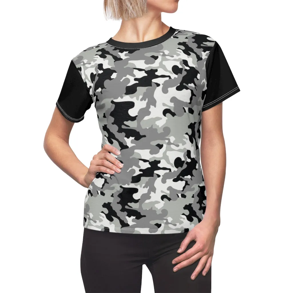 Camo Pattern Women's Tee Black, White and Gray Snow Camouflage With Contrast Sleeves